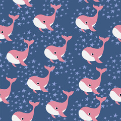 pattern with cartoon cat in pink color. marine theme seamless pattern