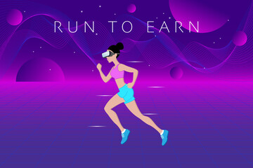 Run to earn, NFT games in metaverse concept. Woman wearing virtual reality goggles and running on futuristic neon background.