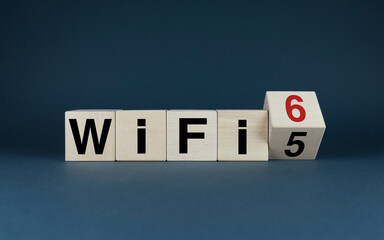 Wi-Fi 5 to Wi-Fi 6. Cubes form the words Wi-Fi 5 to Wi-Fi 6. Internet technologies - Communications