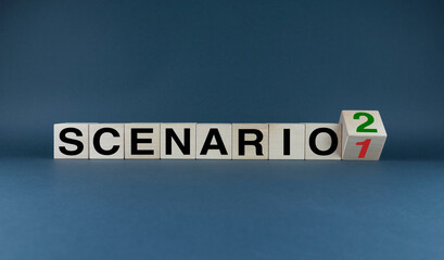 Cubes form the words Scenario 1 to Scenario 2. The concept of developing scenarios and an action...