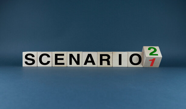 Cubes form the words Scenario 1 to Scenario 2. The concept of developing scenarios and an action plan