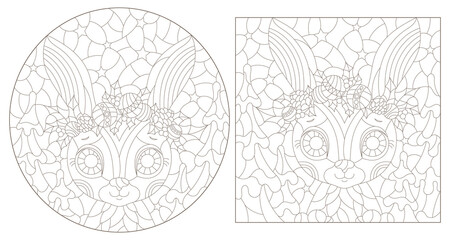 A set of contour illustrations in the style of stained glass with cute portraits of rabbits, dark contours on a white background
