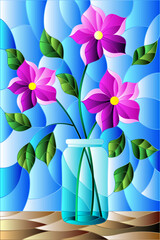 Illustration in stained glass style with still life, bouquet of pink flowers in a glass jar on a blue background