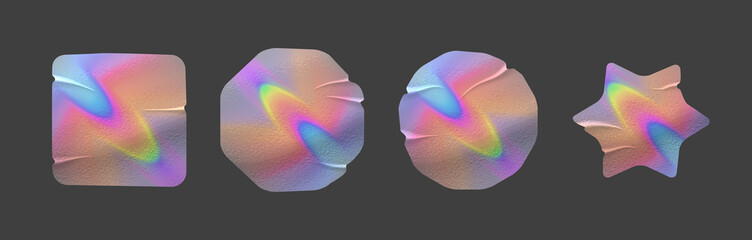 Holographic rainbow metallic sticker with folds realistic textured mockups. Authenticity metal emblem or official holography label. Vector guarantee certification metallic icon. Quality badge template