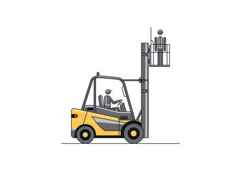 Forklift equipped with safety cage. Flat line vector design of forklift with the operator and load. - 501320588