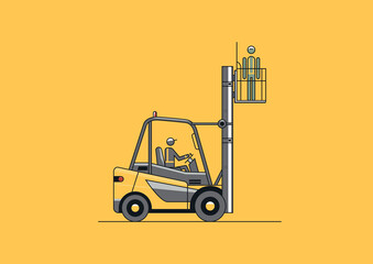 Forklift equipped with safety cage. Flat line vector design of forklift with the operator and load.