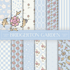 Set of cloud blue and cream white seamless patterns with paisley ornaments and classic geometric shapes.