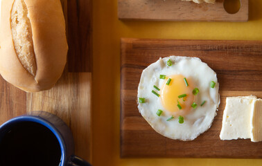 Breakfast - Healthy - Banana, Cheese, Eggs, Bread, Coffee - Yellow Background - serie 
