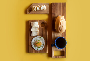 Breakfast - Healthy - Banana, Cheese, Eggs, Bread, Coffee - Yellow Background - serie 