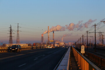 Fototapeta premium Pollution.industry metallurgical plant dawn smoke smog emissions bad ecology.