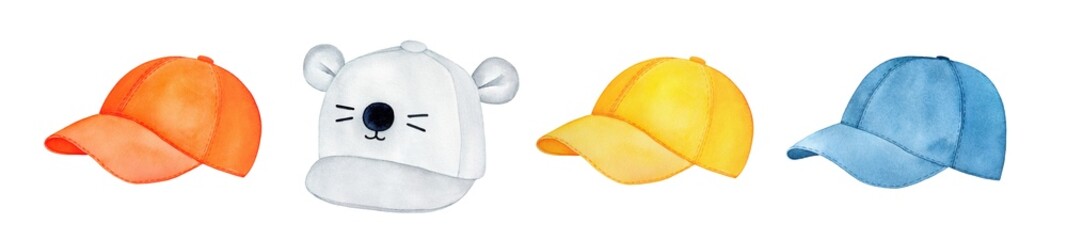 Watercolour illustration collection of colorful baseball hats in various colors and shapes. Symbol of sports lifestyle, summer days, popular culture. Isolated clip art objects for design decoration.