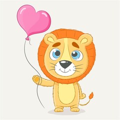 Cute baby lion and heart balloons. Postcard. Greeting card. Card with a wish. card with lion cub and balloons. Lion holding balloons. Happy Birthday vector illustration.