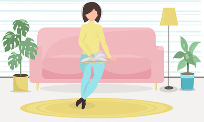 Cute girl reading a book in a cozy living room.Illustration in pastel colors.Vector.