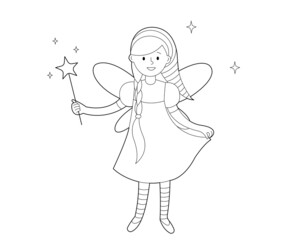 Flower fairy with long hair holds magic wand in her hand. Coloring book for children. Illustration is highlighted on white background.