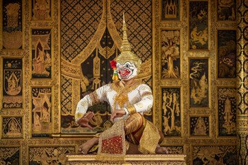 Khon Hanuman is traditional dance drama art of Thai classical monkey masked from the Ramayana with...