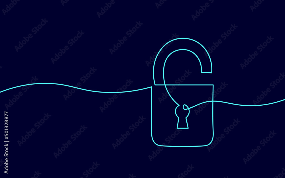 Wall mural cyber safety padlock one line art. continuous line internet security lock information privacy networ