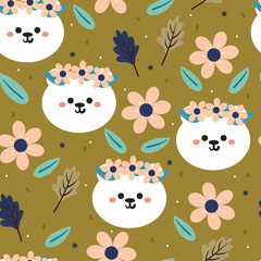 seamless pattern hand drawing cartoon bear and flower. animal drawing for fabric print, textile, gift wrap paper