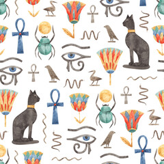 Ancient Egyptian seamless pattern. Hand-drawn watercolor texture with antique Egypt symbols and hieroglyphs - obrazy, fototapety, plakaty