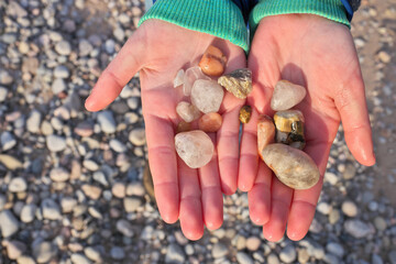 Close Up of Hands Holding Rocks and Pebbles Collected on Beach at Georgian Bay