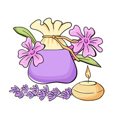 Composition with aromatherapy accessories with essential oil. Aroma candle, flowers, textile sachet bag and lavender twigs. Good for spa, beauty salon designs. Vector illustration on white background