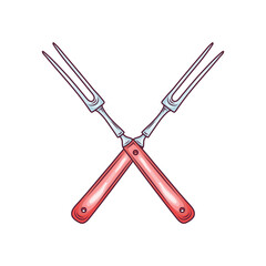 Kitchen cooking pitchfork or meat fork utensil, hand drawn colored vector illustration isolated on white background. Barbecue and grill fork with long handle.