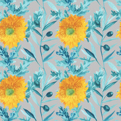 Watercolor seamless pattern with turquoise leaves and yellow sunflowers on an isolated gray background.Autumn,textural,botanical hand painted print.Designs for wrapping paper,packaging,textiles,fabric