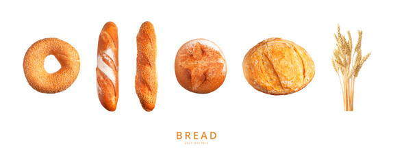 Various types of bread, ears of wheat flying on gray background. Classic wheat round bread, baguette, bun, sesame bagel. Organic Healthy Fresh isolated bread for bakery advertising. Food concept