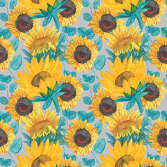 Fototapeta na wymiar Watercolor seamless pattern with turquoise leaves and yellow sunflowers on an isolated gray background.Autumn,textural,botanical hand painted print.Designs for wrapping paper,packaging,textiles,fabric
