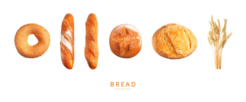 Various types of bread, ears of wheat flying on gray background. Classic wheat round bread, baguette, bun, sesame bagel. Organic Healthy Fresh isolated bread for bakery advertising. Food concept