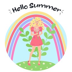 Beautiful blond girl with bouquet of chamomiles is standing on the meadow with rainbow. Flowers, leaves and butterflies in her hair. Hello summer quote. Vector illustration.