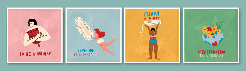 Set of cute postcards about menstruation. Menstruation is normal. It's okay to be a woman. Funny periods. Time of the month. Vector.