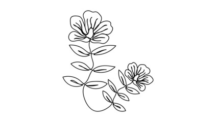 Poppy flowers black sketch. Continuous one line drawing. Poppies one line. Vector illustration
