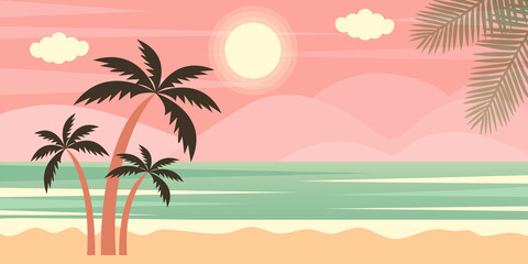 Fototapeta na wymiar Horizontal seascape with palms and mountains. Tropical summer landscape. Vector illustration.