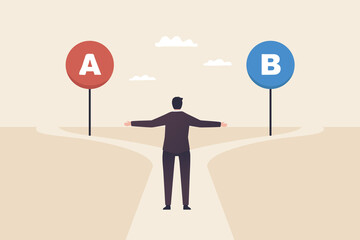 Businessman thinking, decision making, difficult choice, choose between two options, considering alternative, career strategy, questionnaire or survey. Cross roads with plan A plan B road signs. - obrazy, fototapety, plakaty