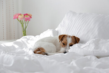 Cute wire haired Jack Russel terrier puppy with folded ears on a bed with white linens. Small rough coated doggy on white bedsheets. Close up, copy space, background.