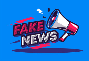 vector illustration text fake news with a loudspeaker, megaphone in the form of a sticker for the fake news icon - obrazy, fototapety, plakaty