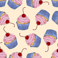 Cupcake with cherry hand drawn seamless pattern background