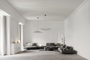 3d rendering of modern white living room with grey sofa and marble and chrome table, carpets on wooden parquet, wall with big mirror and decor bas-relief