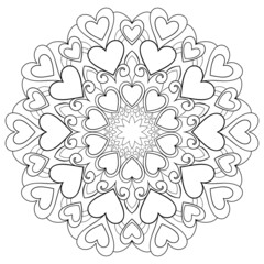 Decorative mandala with shapes of heart and simple patterns on a white isolated background. For coloring book pages.