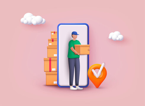 Delivery man and boxes.  Courier or delivery service. Men characters with parcels packages boxes. 3D Vector Illustrations.