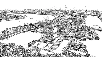 Tapeten Antwerp, Belgium. Industrial area of the city from above. Museum. Doodle sketch style. Aerial view © nikitamaykov