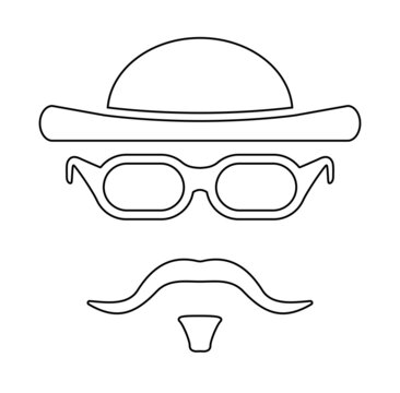 Creative hipster character outline with hat, moustache, glasses isolated on white. Vintage hipster concept vector to use in indie hipster design projects.
