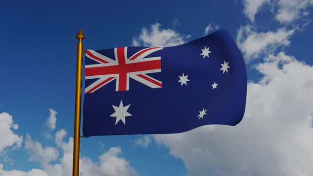 National flag of Australia waving 3D Render with flagpole and blue sky timelapse, Federation of Australia flag textile designed by Annie Dorrington, Ivor Evans, Lesley Hawkins, Egbert Nutall