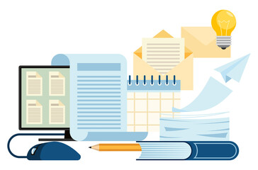 Office infographics. Computer, folders, documents, letters and stacks of papers. Successful completion of business tasks. Office work process. Flat vector illustration