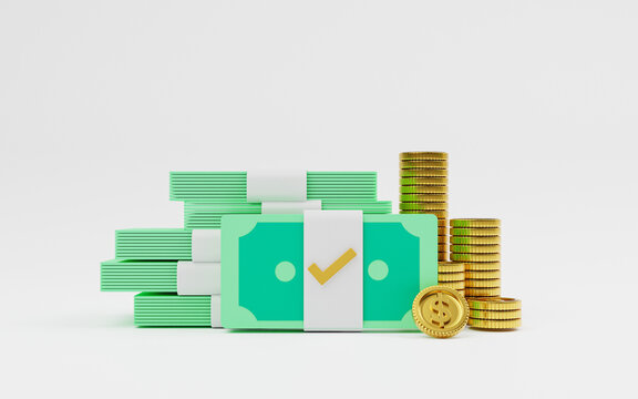 Realistic money green banknote and golden coins for money transfer and exchange concept by 3d render illustration.