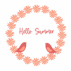 Hello, summer, hand-drawn logo, icon of the icon printing house. Lettering summer season with flowers for a greeting card, invitation template.