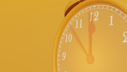 Monochromatic clock on yellow background, Break time idea concept. The beginning of time 11.45 run fast to 12.00. Close up timelapse moving fast. 3d render