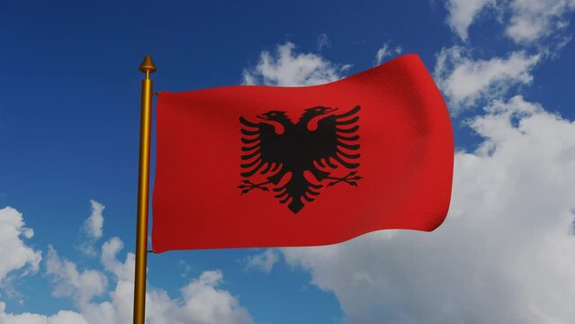 National flag of Albania waving 3D Render with flagpole and blue sky timelapse, Republic of Albania flag textile, Flamuri Kombetar or Flamuri i Republikes se Shqiperise Designed by Sadik Kaceli