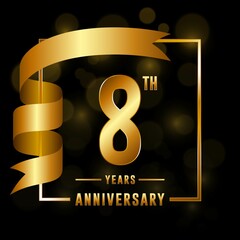 8th Anniversary logotype. Anniversary celebration template design with golden ribbon for booklet, leaflet, magazine, brochure poster, banner, web, invitation or greeting card. Vector illustrations.