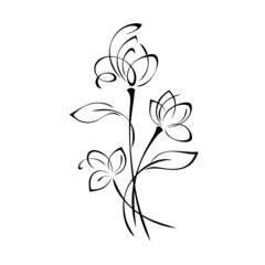 ornament 2291. bouquet of three stylized flowers on stems with leaves in black lines on a white background
